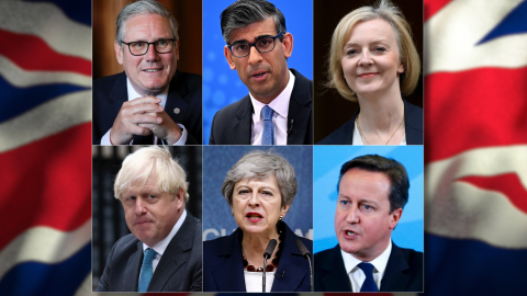 Los seis últimos primeros ministros de Reino Unido Keir Starmer, Rishi Sunak, Liz Truss, Boris Johnson, Theresa May y David Cameron